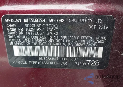 2020 Mitsubishi Mirage Se from USA, damaged, VIN ML32A4HJ7LH002380